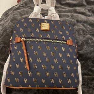 Dooney & Bourke Blue and Brown Backpack with Monogram Pattern